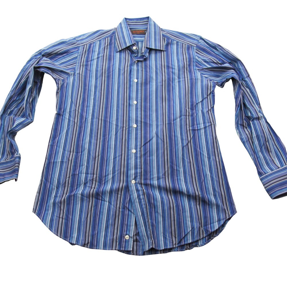 Etro Milano Mens Blue Striped Long Sleeve Button Down Shirt Size 40 Italy